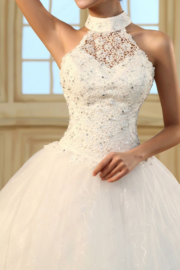 Elegant Princess Beading Turtleneck Off The Shoulder Sleeveless White Lace Ball Gown Floor 