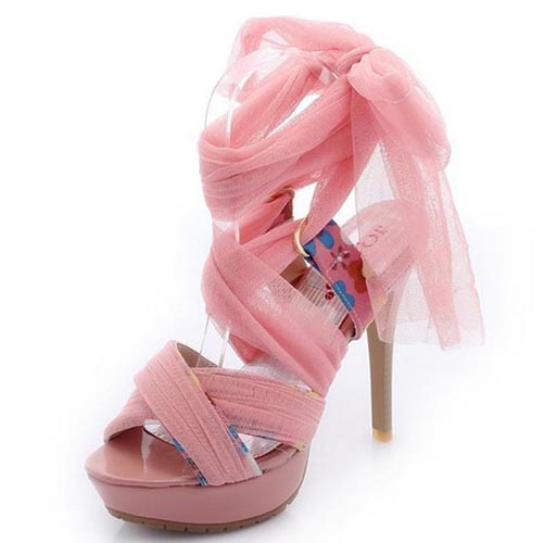 Ribbon Straps Stiletto High Heels Pink PU Cross Strap Sandals_Sandals ...
