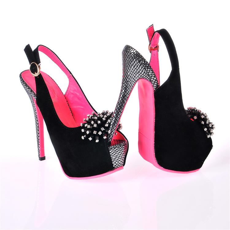 Fahion Round Peep Toe Flowers Embellished Stiletto High Heels Black Slingbacks Pumpspumpspumps 4388