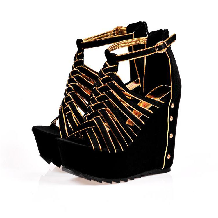 Fashion Super High Wedge Black Gladiator Sandals GD130718319-1
