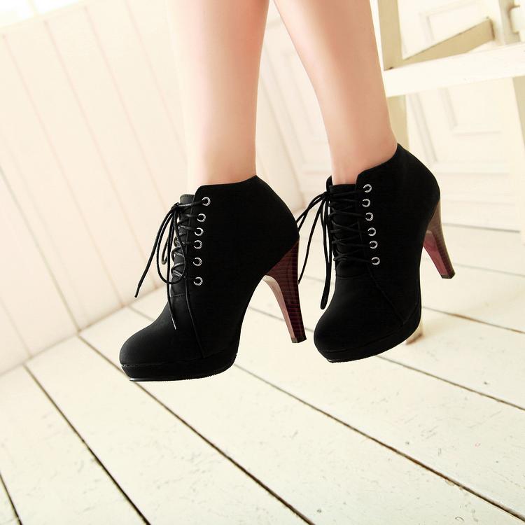 Spring Autumn Round Toe Stiletto High Heel Lace Up Ankle Black ...