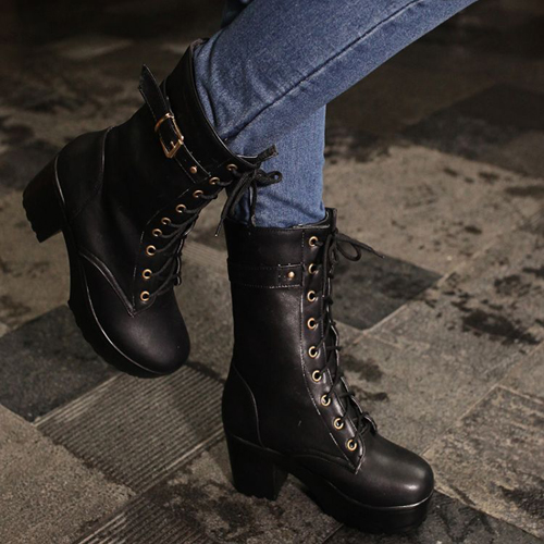 Winter Round Toe Chunky High Heel Lace Up Ankle Buckle Black Pu