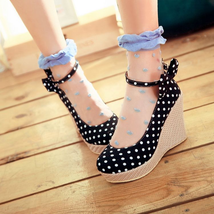 Fashion Round Toe Closed Wedges High Heel Ankle Strap Black Canvas ...