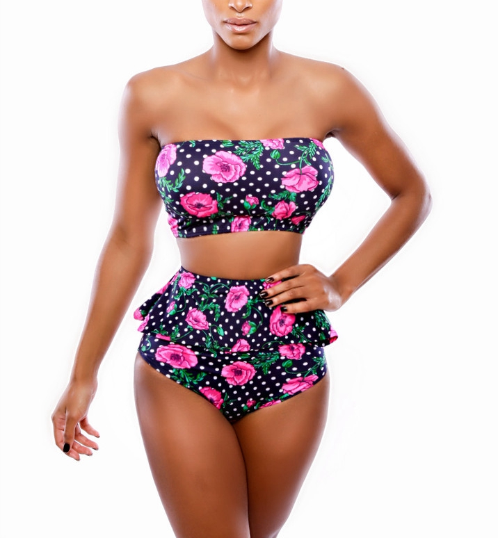 Sexy Strapless Flouncing Designed Floralprint Dotted Bikini Swimsuit
