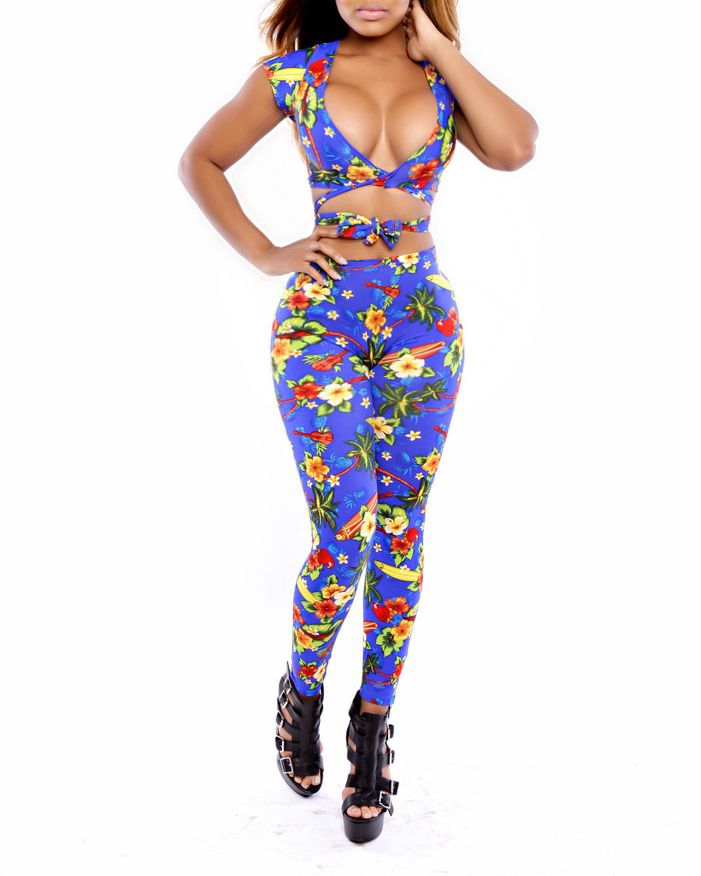 Sexy V Neck Short Sleeves Floral Print Blue Polyester Twopiece Pants