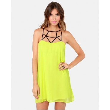 Cheap Fashion O Neck Tank Sleeveless Yellow Chiffon A Line Mini Dress ...