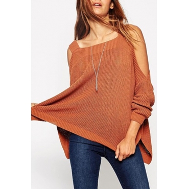Fashion O Neck Off The Shoulder Long Sleeves Brown Regular Pullover