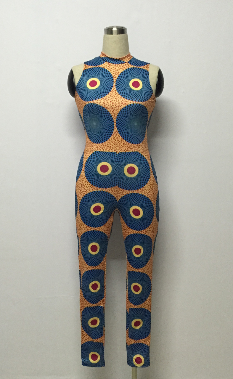 Sexy Turtleneck Sleeveless Print Polyester Onepiece Skinny Jumpsuit