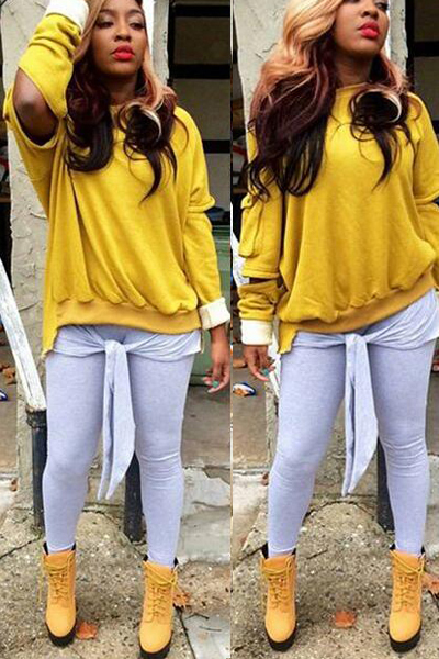 Fashion Long Sleeves Yellow Cotton Blends Pullovers_Sweats&Hoodies