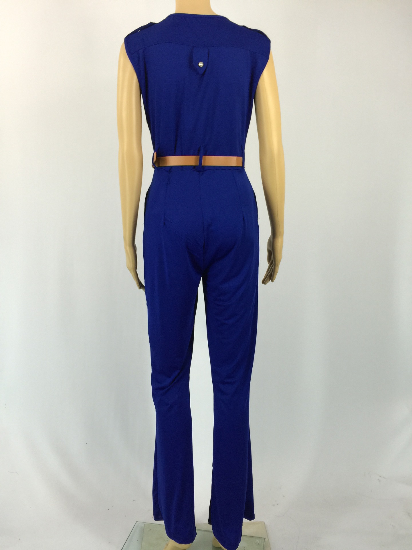 Fashion V Neck Sleeveless Solid Blue Nylon Onepiece Regular Jumpsuit