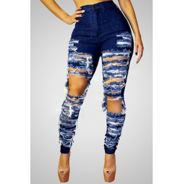 Fashion Mid Waist Button Fly Blue Denim Pants_Pants/Capris ...
