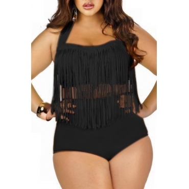 Sexy Plus Size Front Tassels Embellished Black Swimsuit