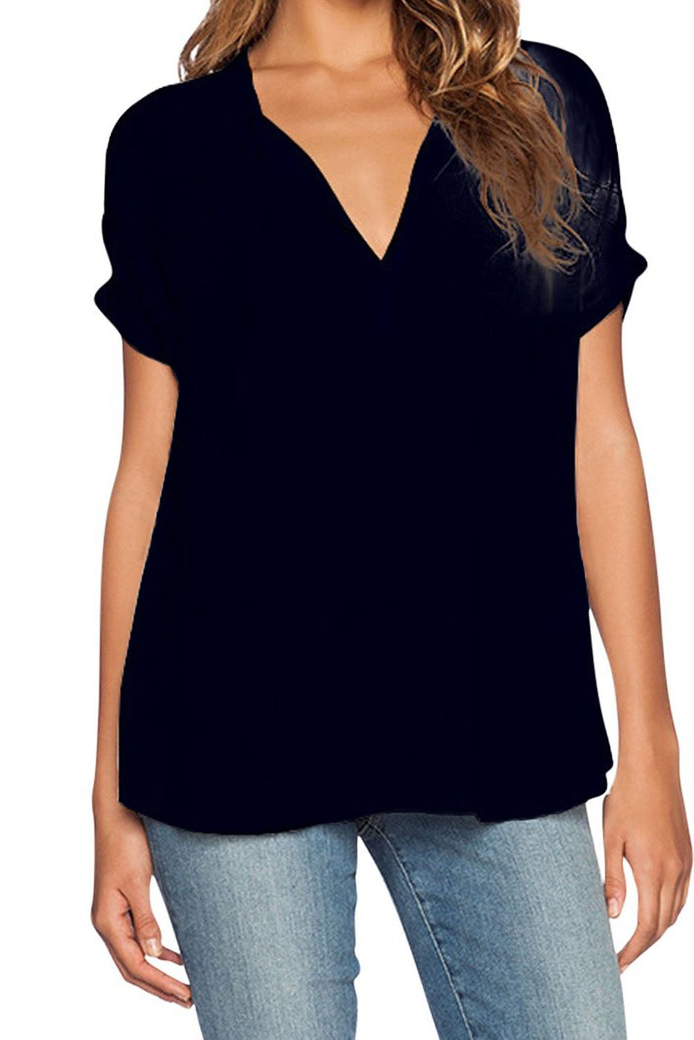 simple v neck sleeves asymmetrical black polyester pullover blouses shirts top simple v neck sleeves asymmetrical black polyester pullover blouses shirts top
