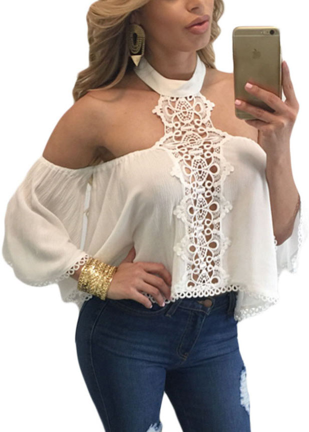 Trendy O Neck Off The Shoulder Long Sleeves Hollow Out White Polyester