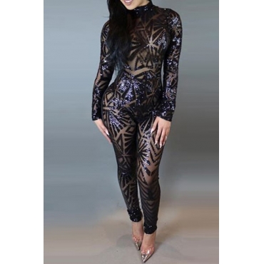 sequined backless jumpsuits sleeves skinny neck piece round through sexy