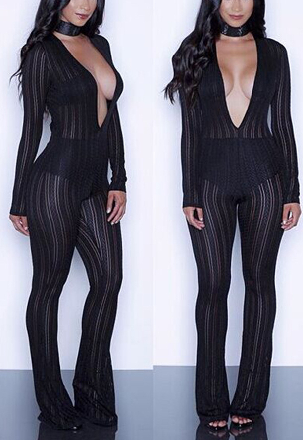 Sexy Deep V Neck Long Sleeves Gauze Patchwork Black Spandex Onepiece