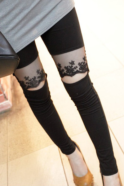 Personality Splicing Lace Patchwork Black Cotton Mid Leggings_Leggings ...