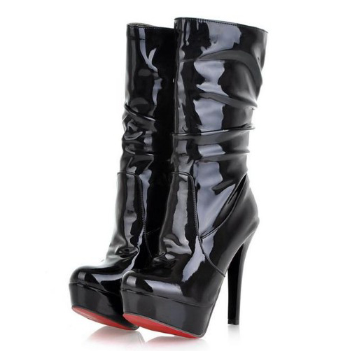 Spring Autumn Round Toe Pleated Super High Stiletto Heels Black Patent ...