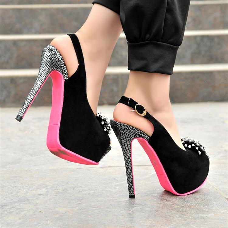 Fahion Round Peep Toe Flowers Embellished Stiletto High Heels Black ...