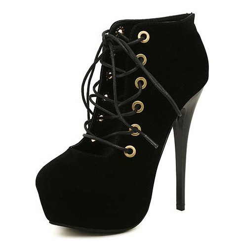 Fashion Round Closed Toe Front Lace-up Stiletto High Heels Black Suede ...
