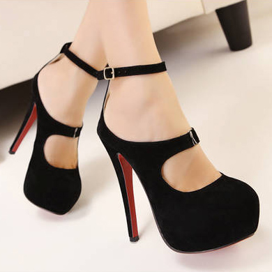 Fashion Round Closed Toe Front Hole-cut Stiletto High Heels Black Suede ...