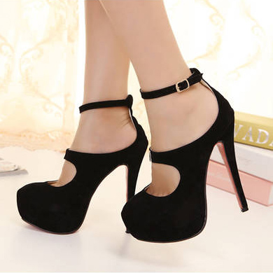 Fashion Round Closed Toe Front Hole-cut Stiletto High Heels Black Suede ...