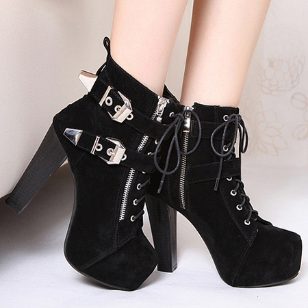 Winter Round Toe Chunky High Heel Lace Up Black Suede Short Martens ...