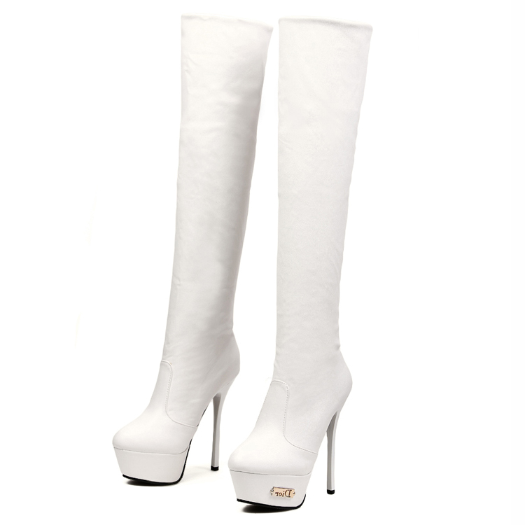 Winter Round Toe Stiletto High Heel White PU Over the Knee Boots_Boots ...