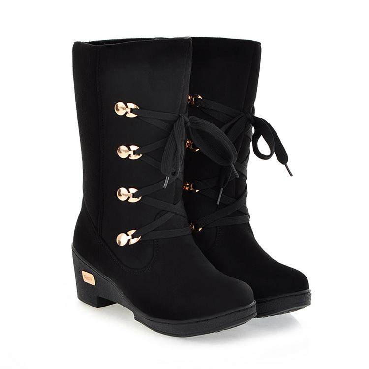 Winter Round Toe Wedge High Heel Lace Up Black Mid Calf Martens Boots ...