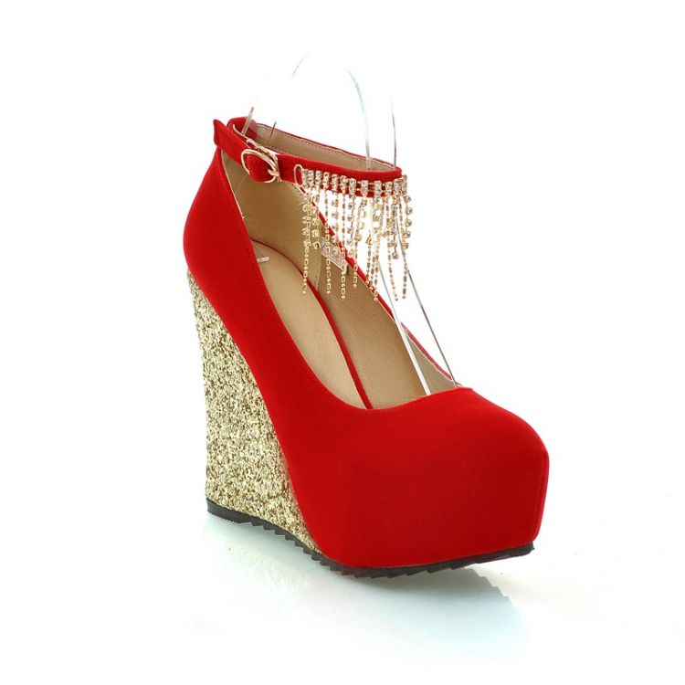 Fashion Round Toe Closed Wedges High Heel Ankle Strap Red PU Pumps ...