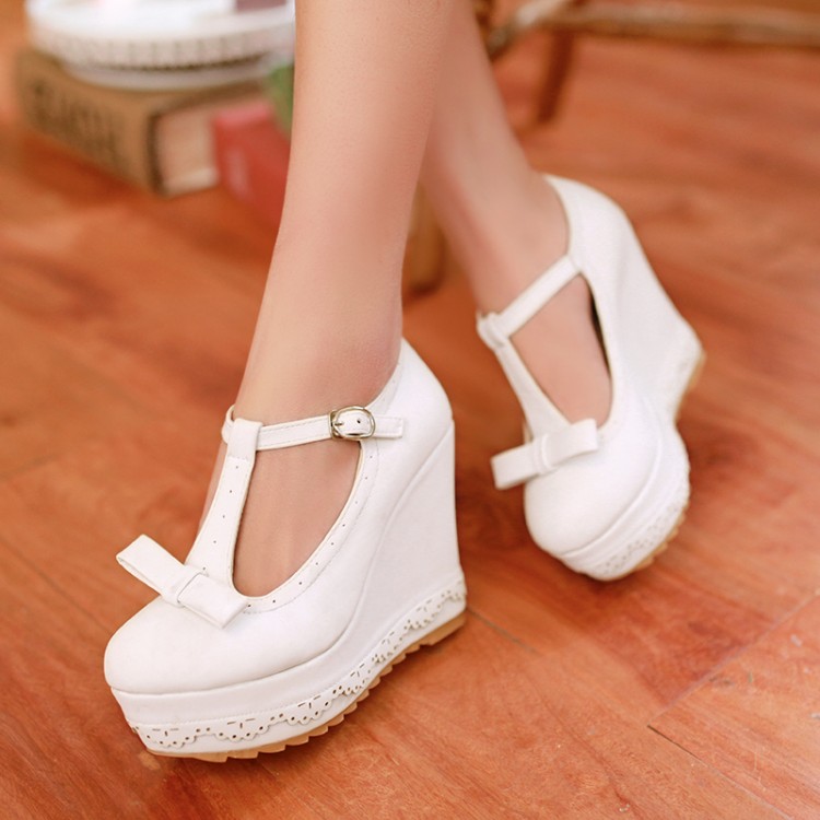 Fashion Round Toe Closed Wedges High Heel Ankle Strap White PU Pumps ...