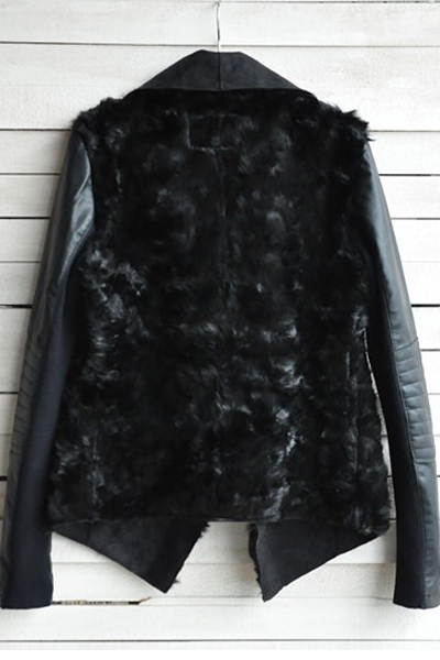 Cheap Fashion Turndown Collar Long Sleeves Fur and PU Patchwork Black ...