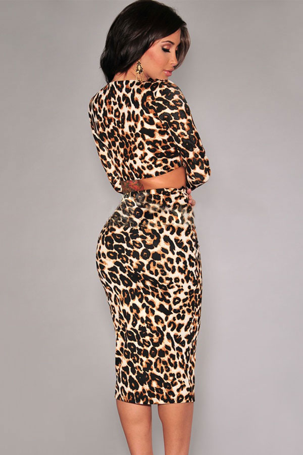 Cheap Sexy V Neck Long Sleeves Leopard Print Polyester Two-piece Sheath ...