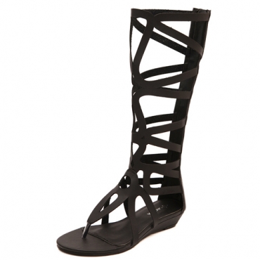 Fashion Clip Toe Hollow-out Flat Low Heel Black PU Gladiator Sandals ...