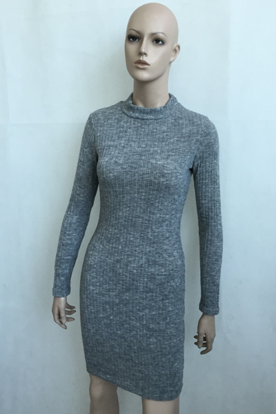Cheap Fashion Turtleneck Long Sleeves Grey Polyester Sheath Mini ...