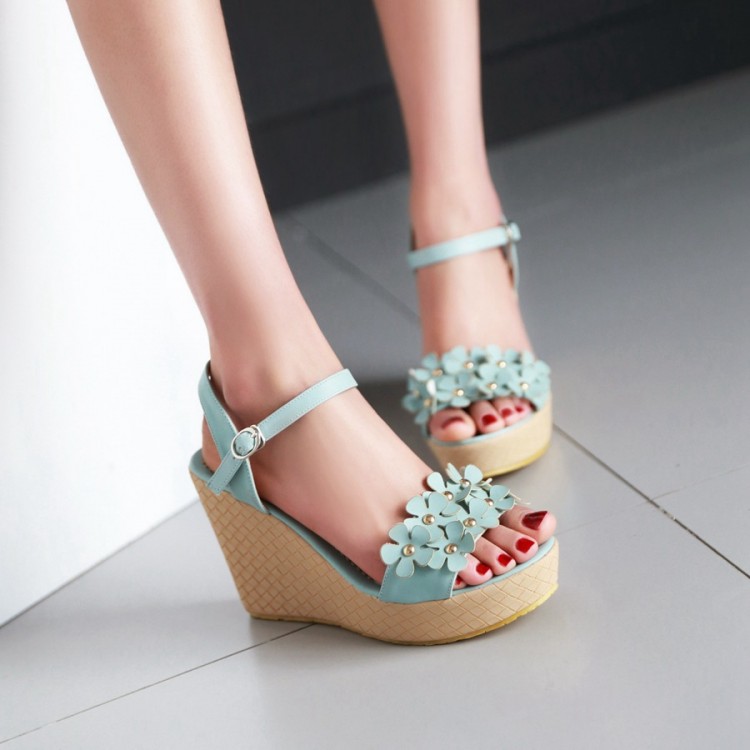 Cheap Fashion Floral Embellished Super High Wedge Blue PU Ankle Strap ...