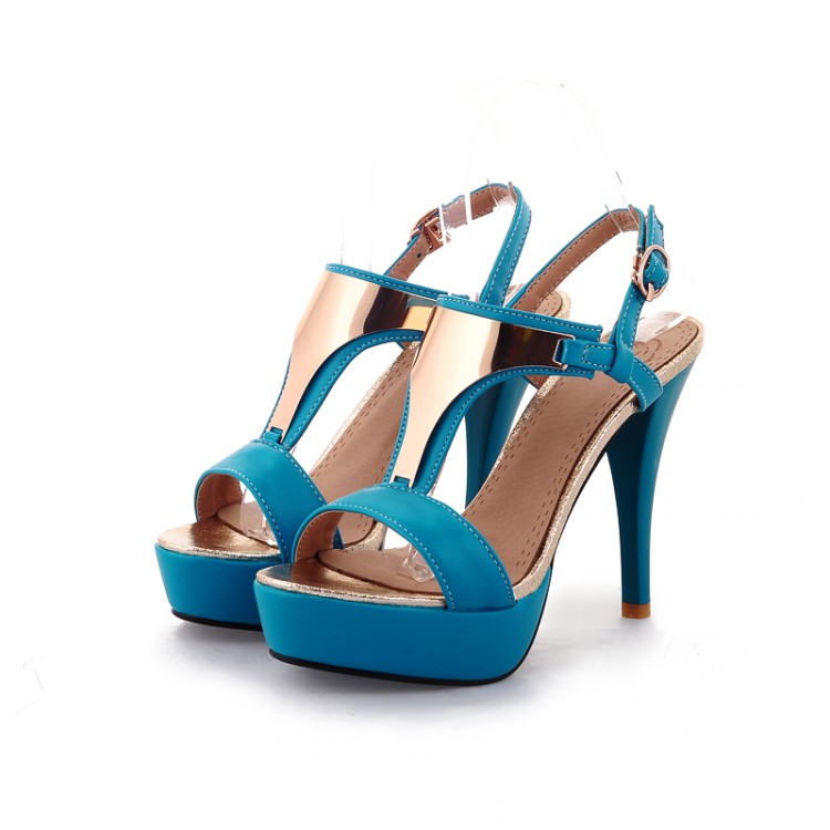 Fashion Metal Piece Decorated Stiletto Super High Heel Blue PU Sandals ...