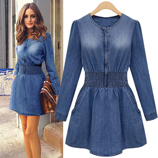 Fashion O Neck Long Sleeves Blue Denim Mini Dress_Dresses ...