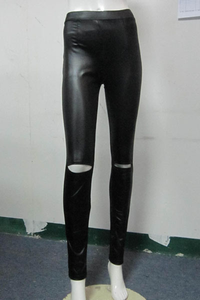 Sexy Broken Holes Design Solid Black PU Skinny Pants_Pants/Capris ...