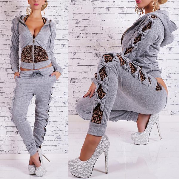 Casual Long Sleeves Leopard Patchwork Grey Two-piece Regular Cardigan ...
