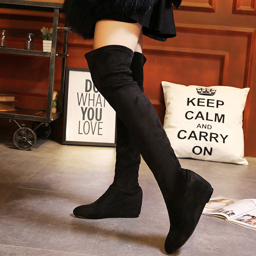 Fashion Pointed Toe Slip-on Wedge High Heel Black PU Over the Knee ...