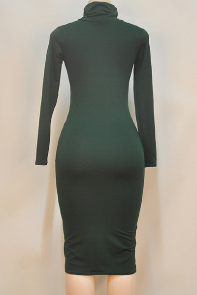 Fashion Turtleneck Long Sleeves Green Blending Sheath Knee Length Dress ...