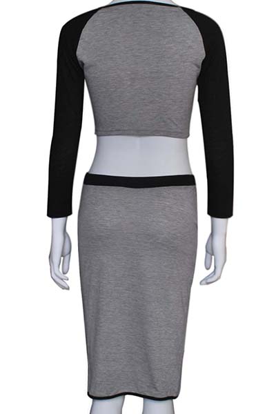 Sexy O Neck Three Quarter Sleeves Patchwork Grey Blending Two-piece ...