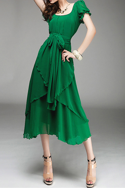 Stylish Round Neck Short Sleeves Lace-Up Green Chiffon Mid Calf Dress ...