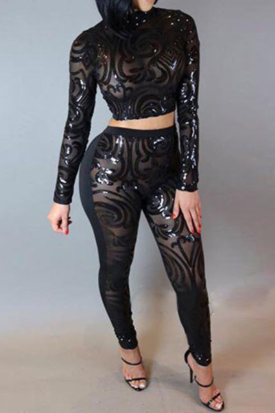 Sexy Mandarin Collar Long Sleeves See-Through Black Spandex Two-piece ...