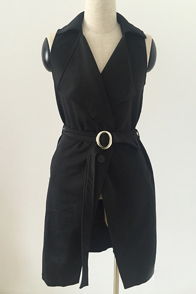 Fashion Turndown Collar Sleeveless Black Cotton Blend Long Trench Coat ...