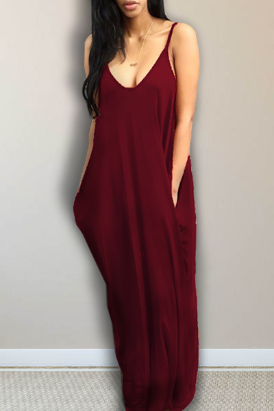 Alluring V Neck Spaghetti Strap Sleeveless Asymmetrical Wine Red Cotton ...