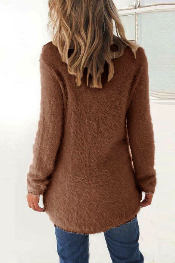 Trendy Round Neck Long Sleeves Coffee Velvet Sweater_Sweaters ...