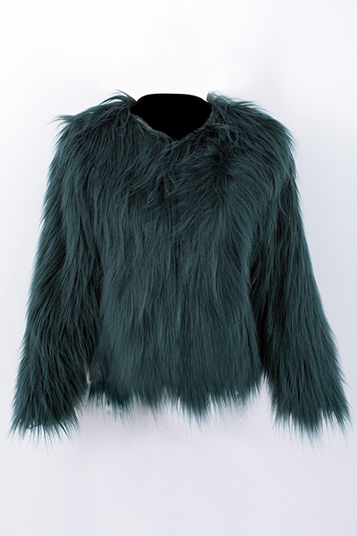 Trendy Round Neck Long Sleeves Fur Design Green Coat_Coat&Jacket ...